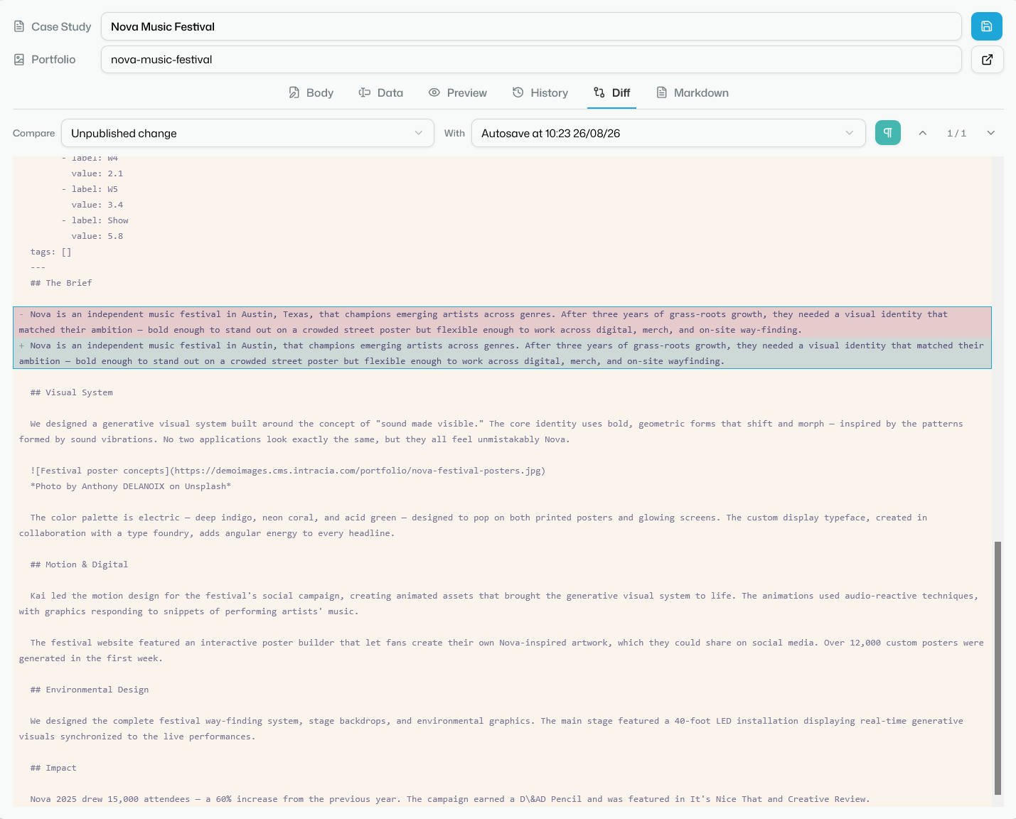 The Diff tab comparing an unpublished change against an earlier autosave, with the removed and added lines of Markdown highlighted.