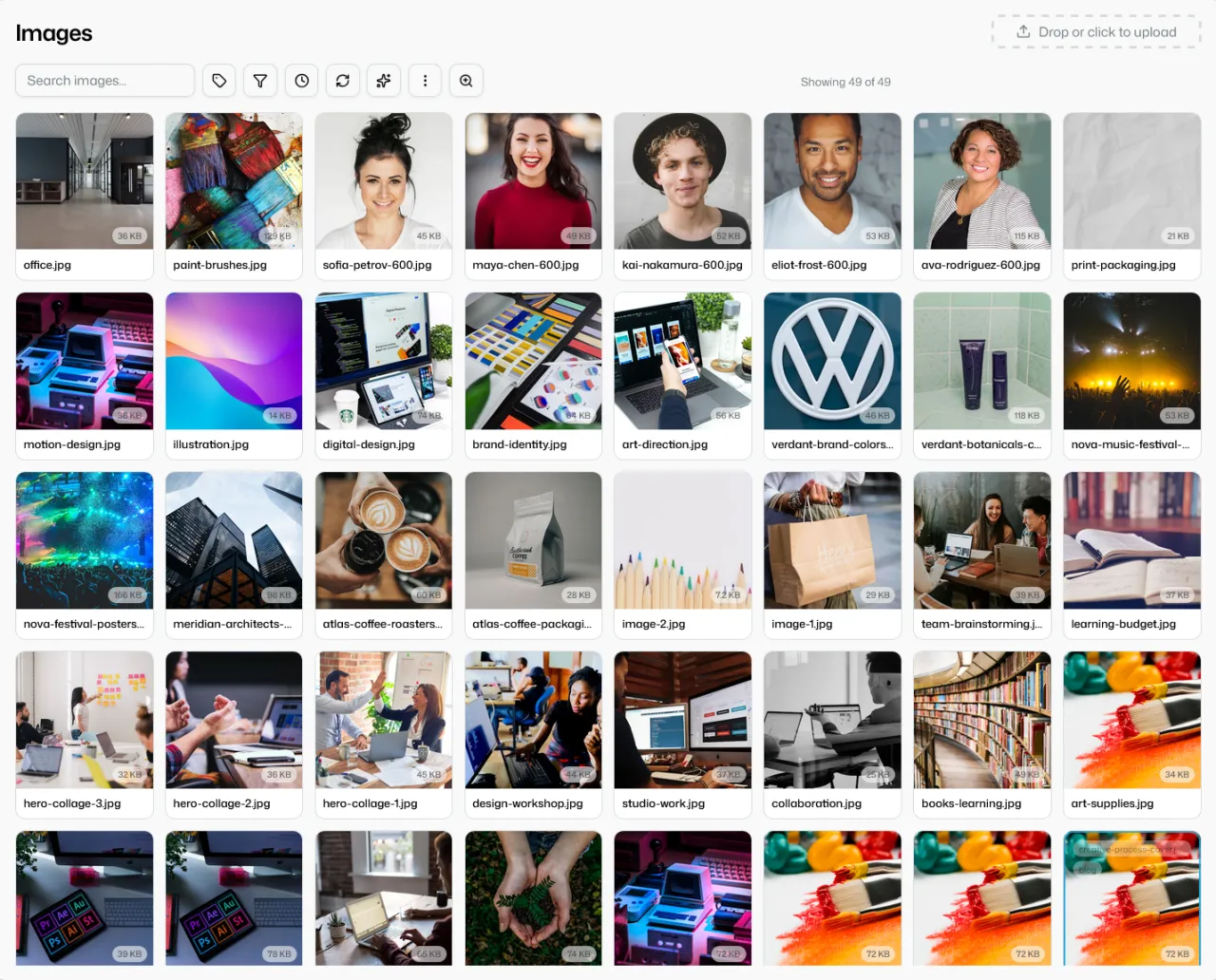 The media library listing a site's images as a grid with file names and sizes, with search, filters and an upload drop-zone above.