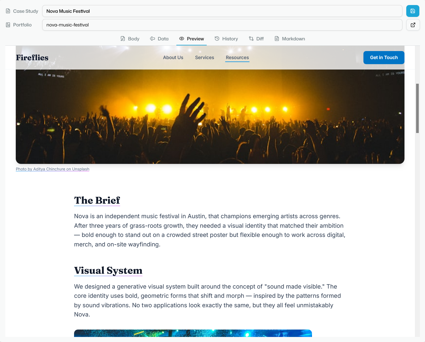 The Preview tab rendering a draft exactly as it will appear on the live site, above the editor's Body, Data, History, Diff and Markdown tabs.