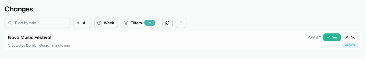 The changes queue holding one unpublished update, with an explicit publish confirmation beside it.