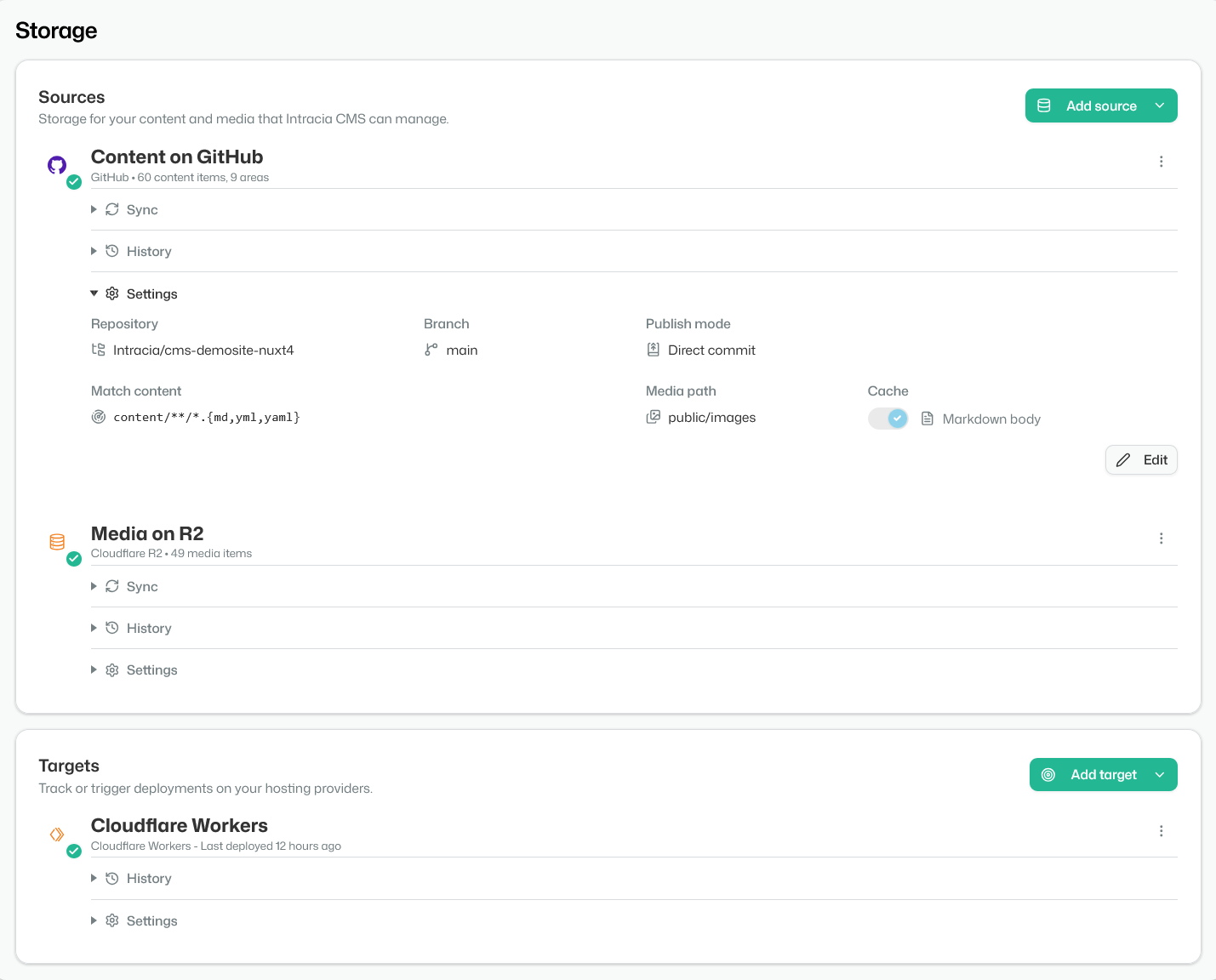 The storage screen: a GitHub repository connected as the content source and an R2 bucket as the media source, with a Cloudflare Workers deployment target tracked beneath them.